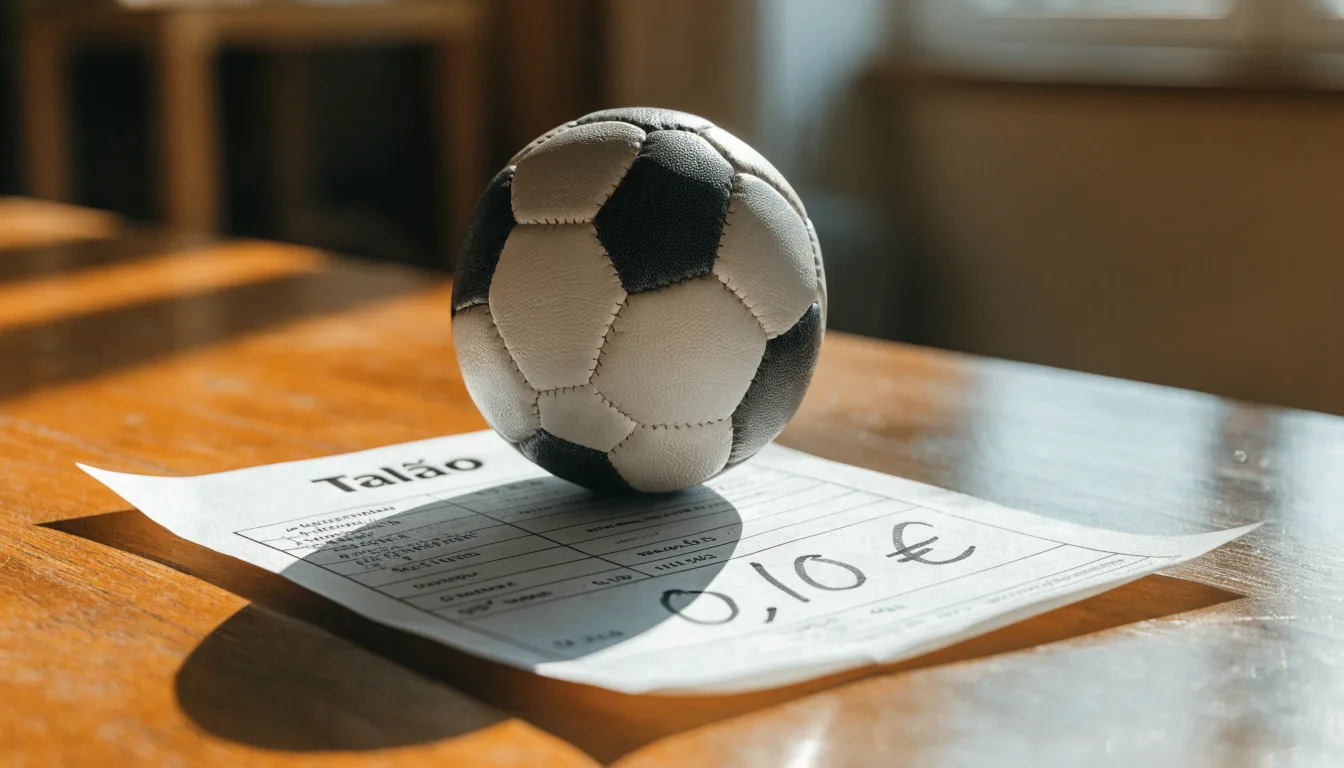 Uma bola de futebol pousada sobre um talão de apostas em branco numa mesa de madeira, à luz do dia