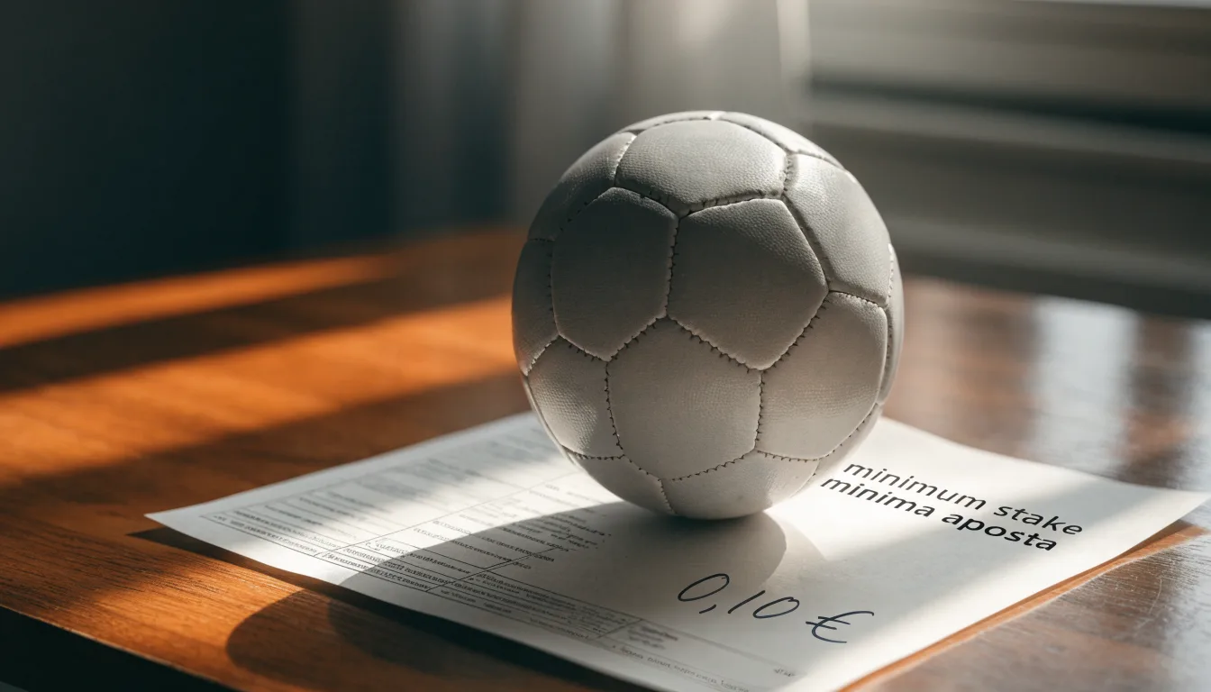 Uma bola de futebol pousada sobre um talão de apostas em branco numa mesa de madeira, à luz do dia