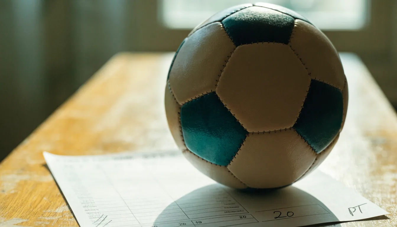 Uma bola de futebol pousada sobre um talão de apostas em branco numa mesa de madeira, à luz do dia