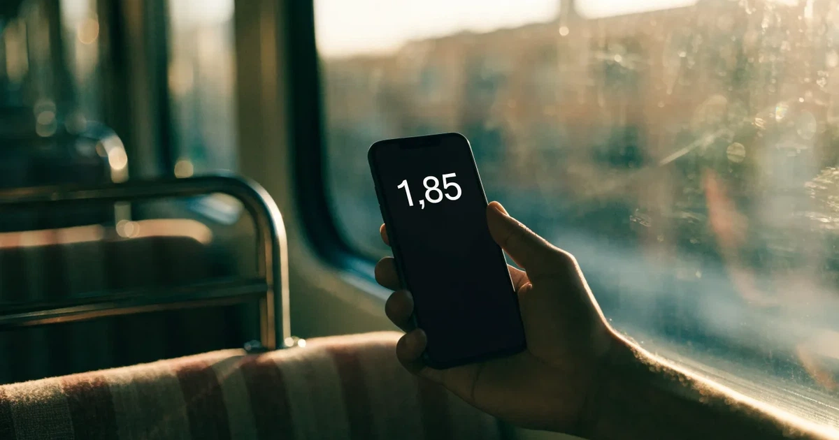 Uma mão a segurar um telemóvel com uma aposta no ecrã, num comboio ao fim da tarde