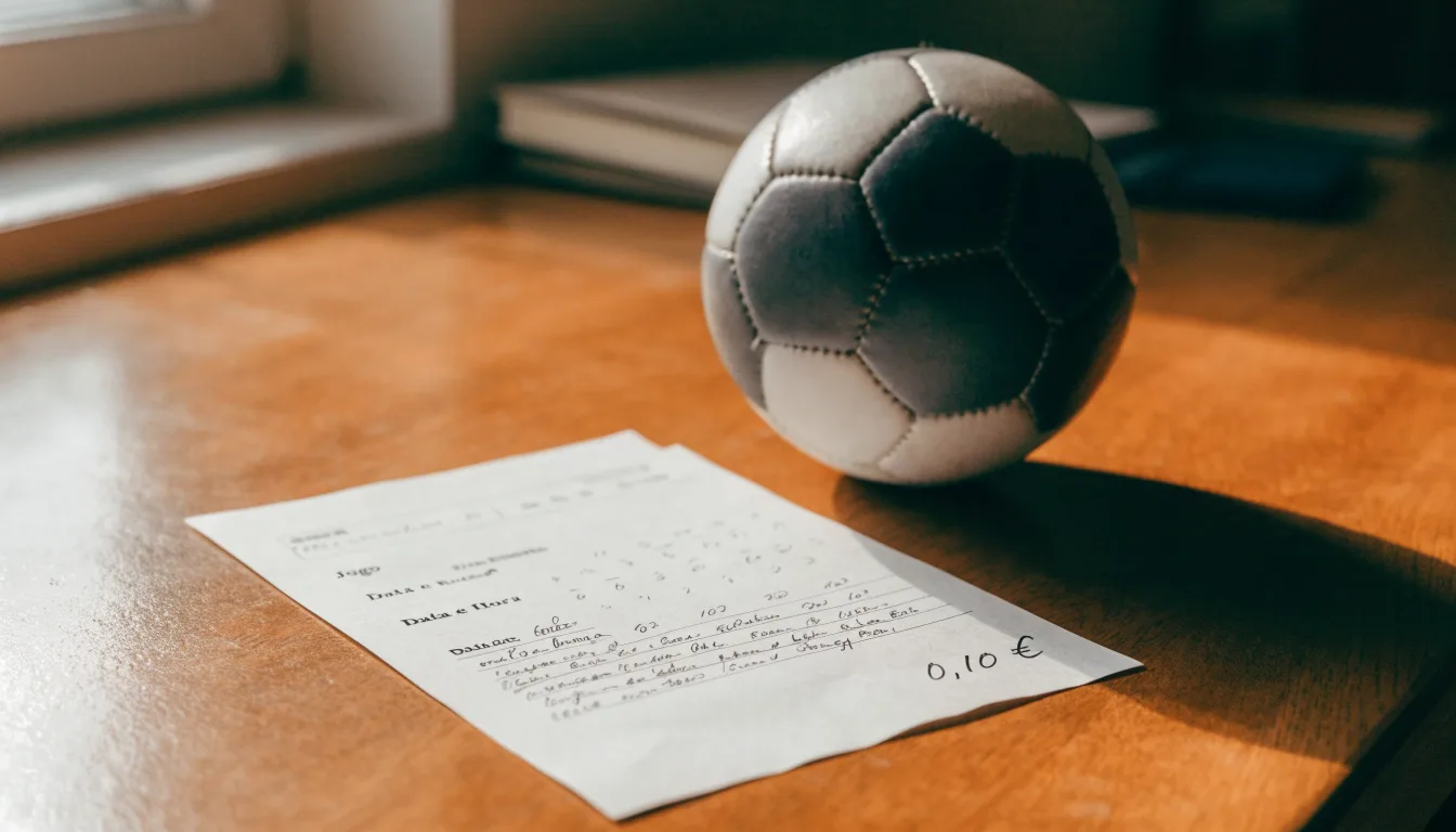 Uma bola de futebol pousada sobre um talão de apostas em branco numa mesa de madeira, à luz do dia