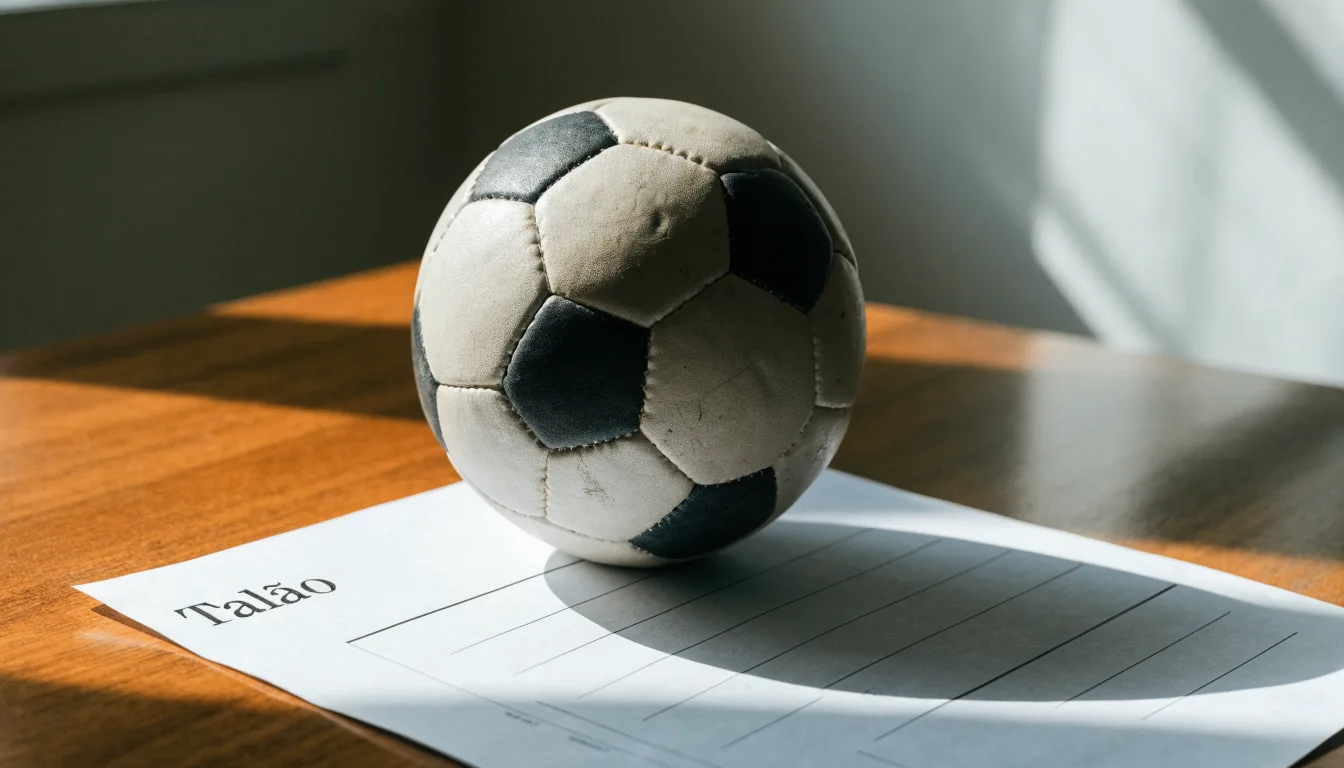 Uma bola de futebol pousada sobre um talão de apostas em branco numa mesa de madeira, à luz do dia