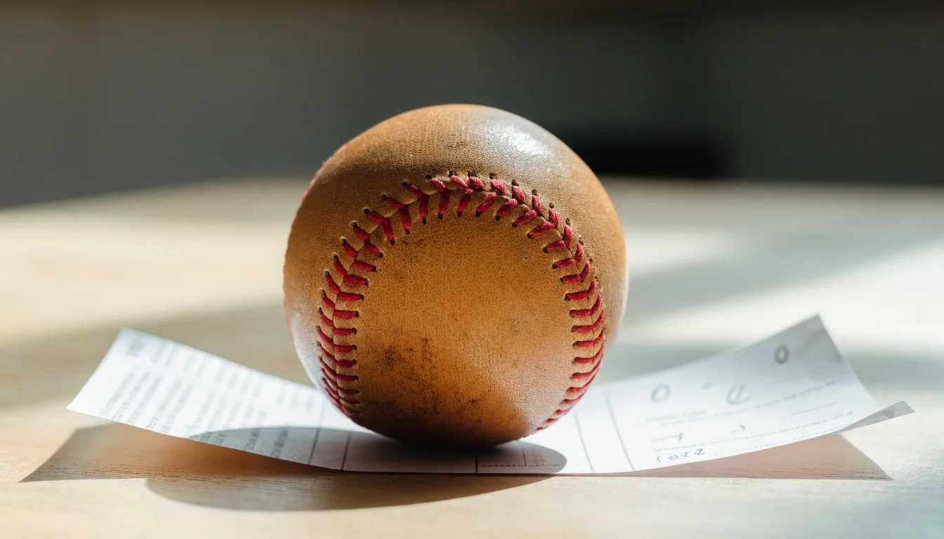 Uma bola de futebol pousada sobre um talão de apostas em branco numa mesa de madeira, à luz do dia