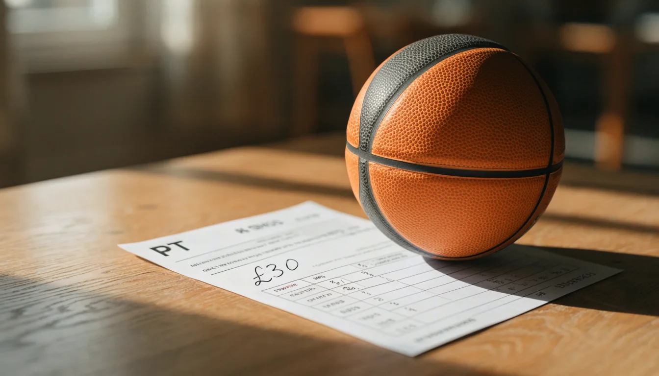 Uma bola de futebol pousada sobre um talão de apostas em branco numa mesa de madeira, à luz do dia