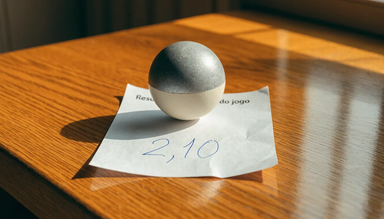 Uma bola de futebol pousada sobre um talão de apostas em branco numa mesa de madeira, à luz do dia