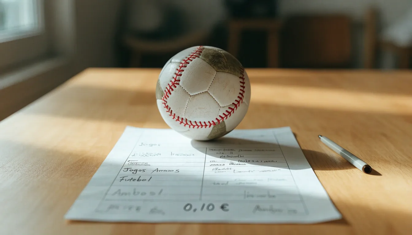 Uma bola de futebol pousada sobre um talão de apostas em branco numa mesa de madeira, à luz do dia