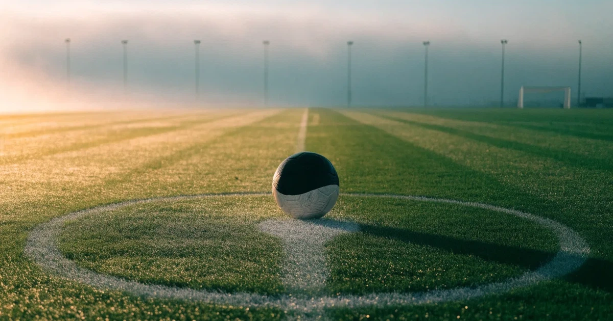 Uma bola de futebol no ponto central de um relvado, à luz da manhã
