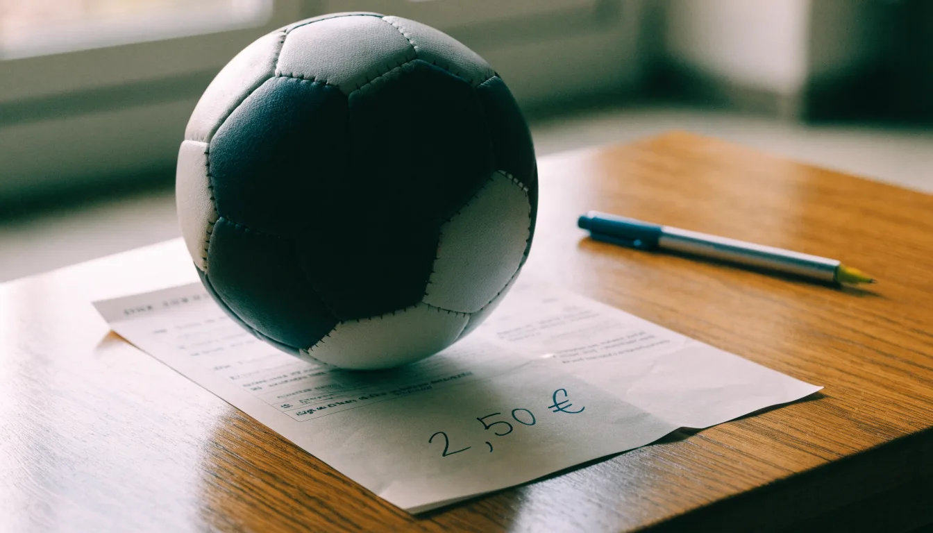 Uma bola de futebol pousada sobre um talão de apostas em branco numa mesa de madeira, à luz do dia