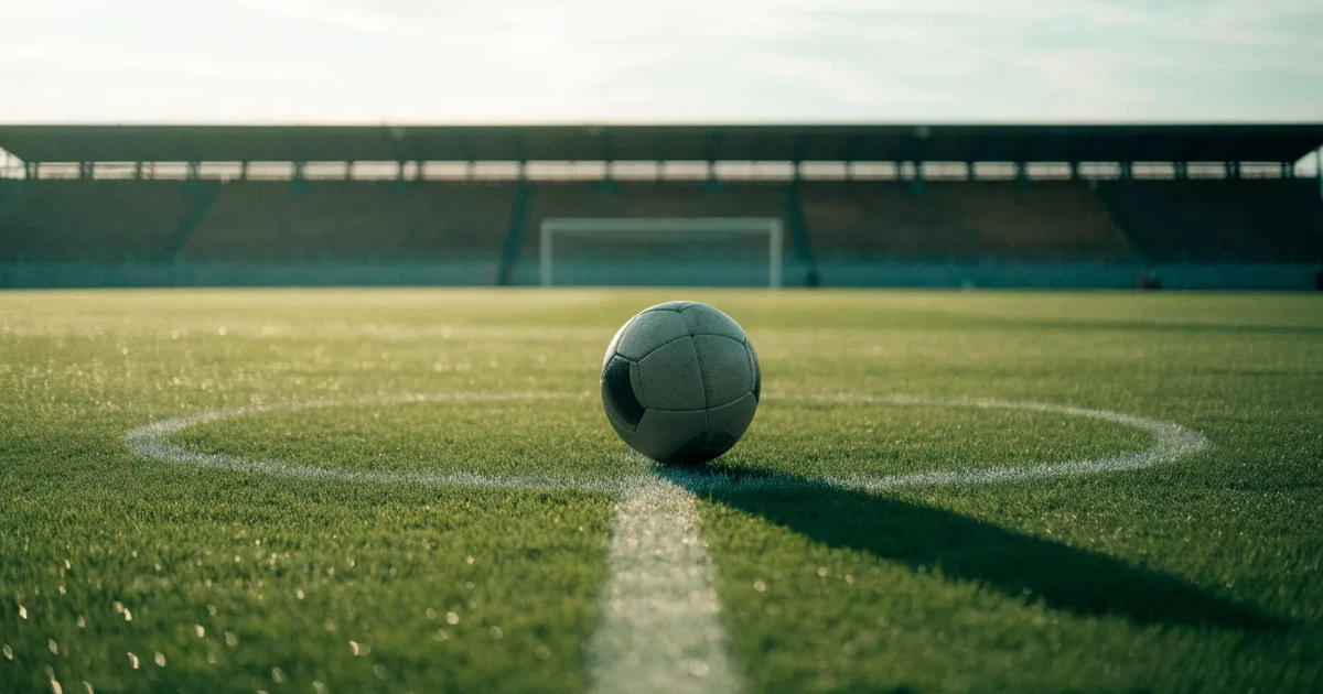 Uma bola de futebol no ponto central de um relvado, à luz da manhã