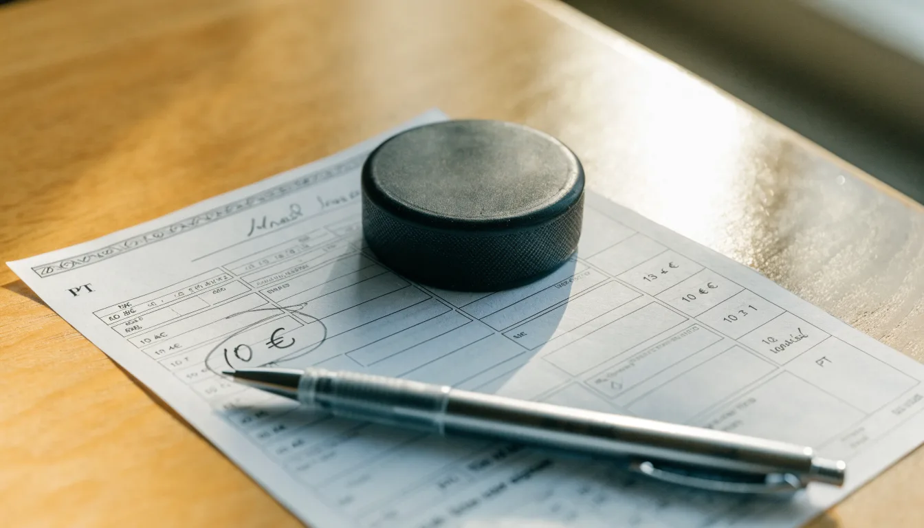 Uma bola de futebol pousada sobre um talão de apostas em branco numa mesa de madeira, à luz do dia