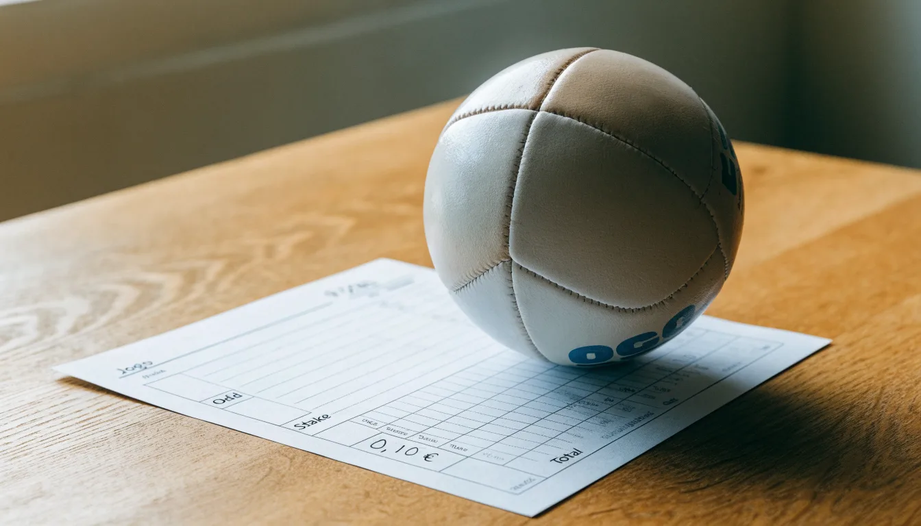 Uma bola de futebol pousada sobre um talão de apostas em branco numa mesa de madeira, à luz do dia