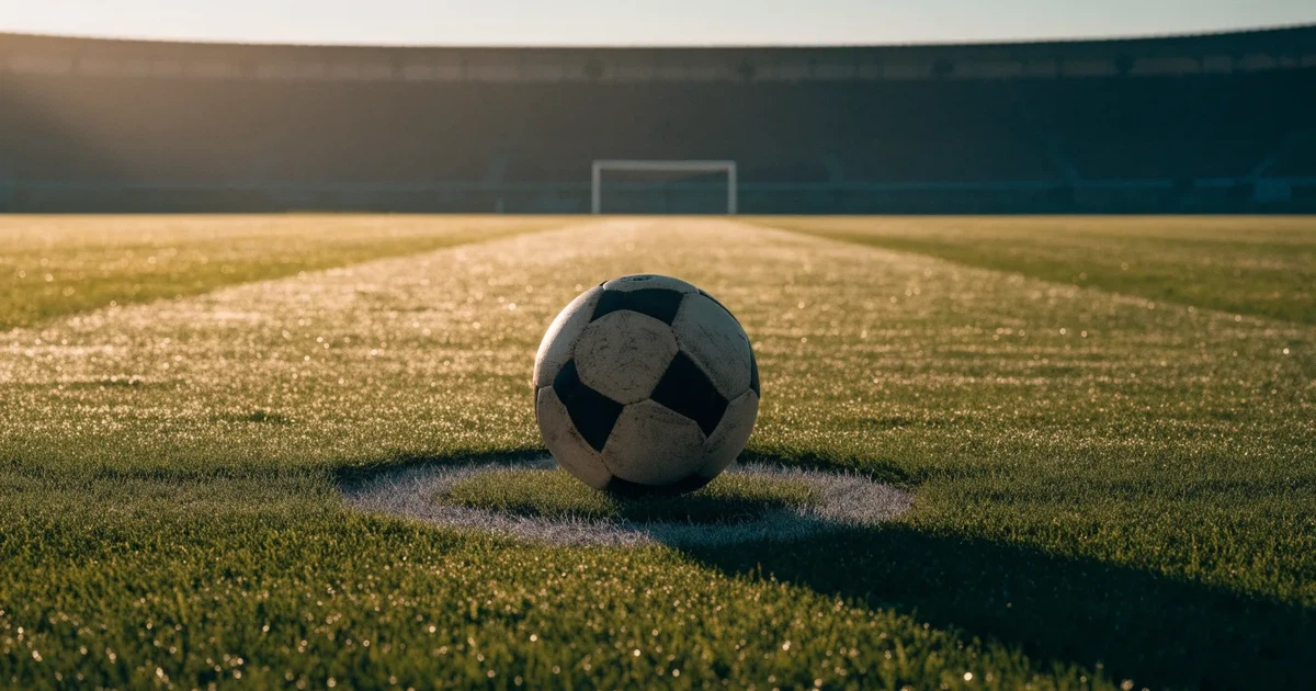 Uma bola de futebol no ponto central de um relvado, à luz da manhã