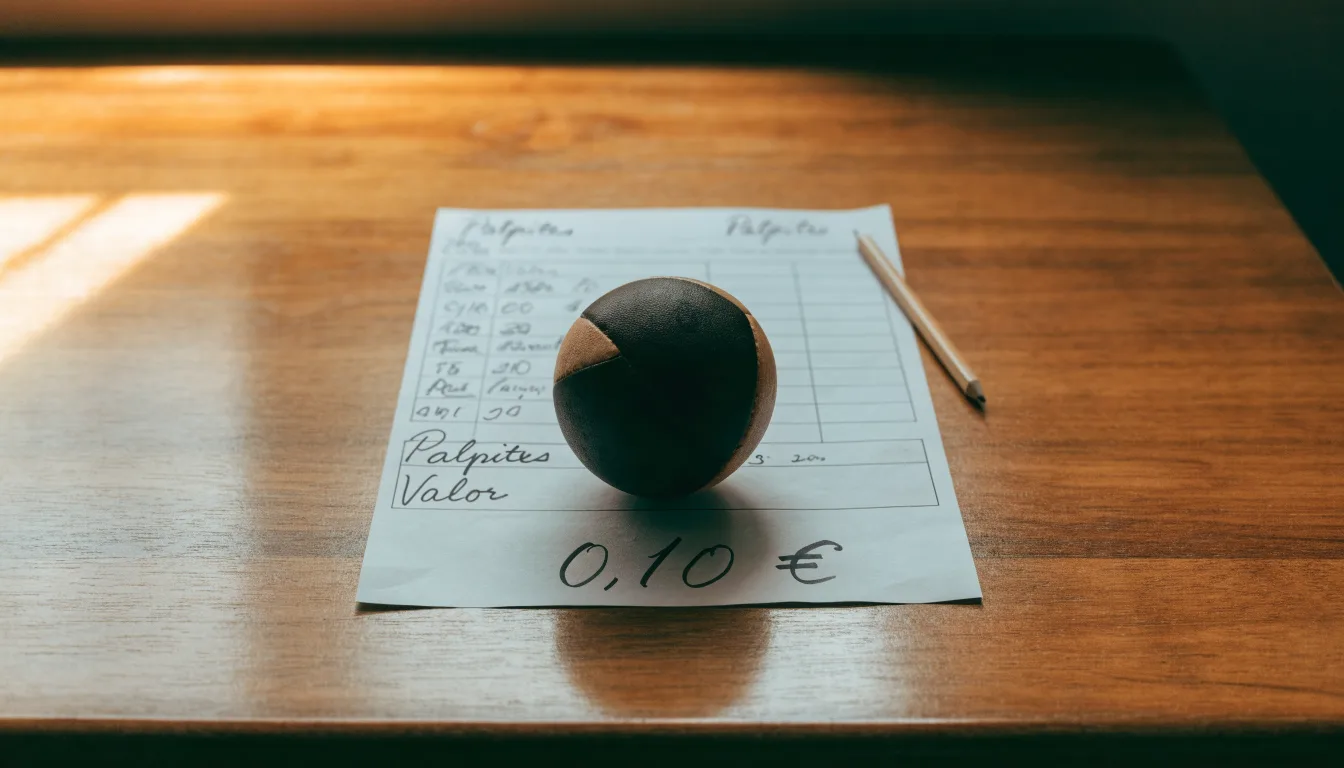 Uma bola de futebol pousada sobre um talão de apostas em branco numa mesa de madeira, à luz do dia
