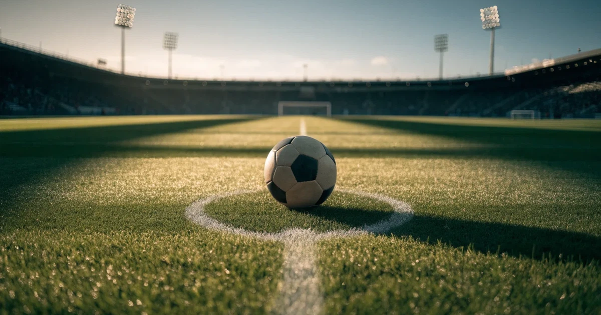 Uma bola de futebol no ponto central de um relvado, à luz da manhã
