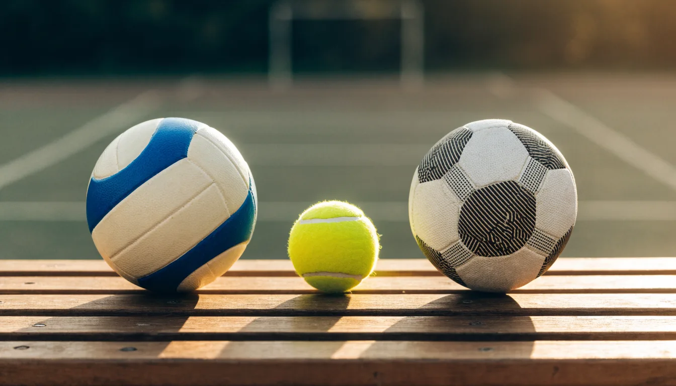 Três bolas de desportos diferentes alinhadas lado a lado num banco de madeira