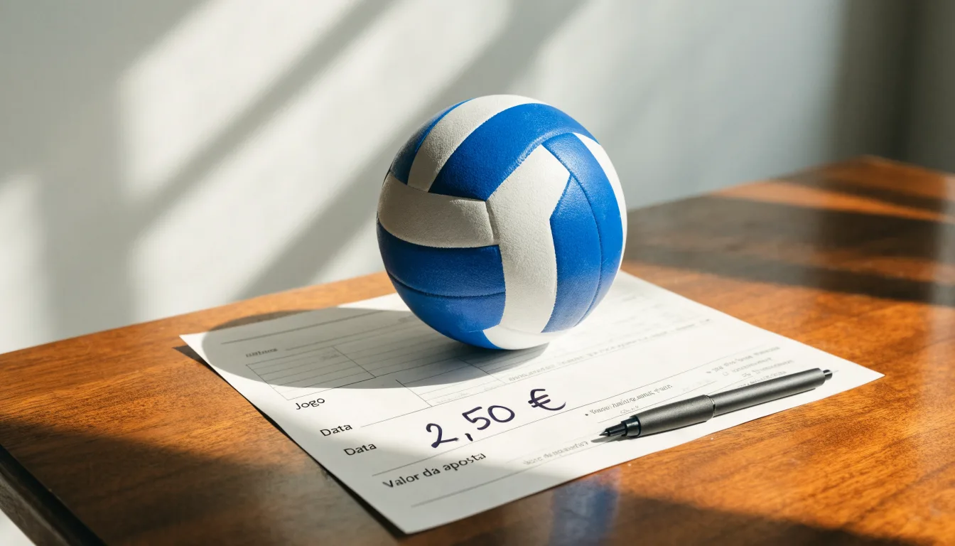 Uma bola de futebol pousada sobre um talão de apostas em branco numa mesa de madeira, à luz do dia