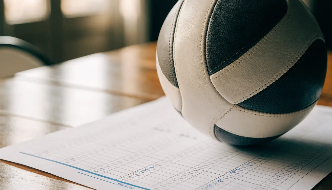 Uma bola de futebol pousada sobre um talão de apostas em branco numa mesa de madeira, à luz do dia