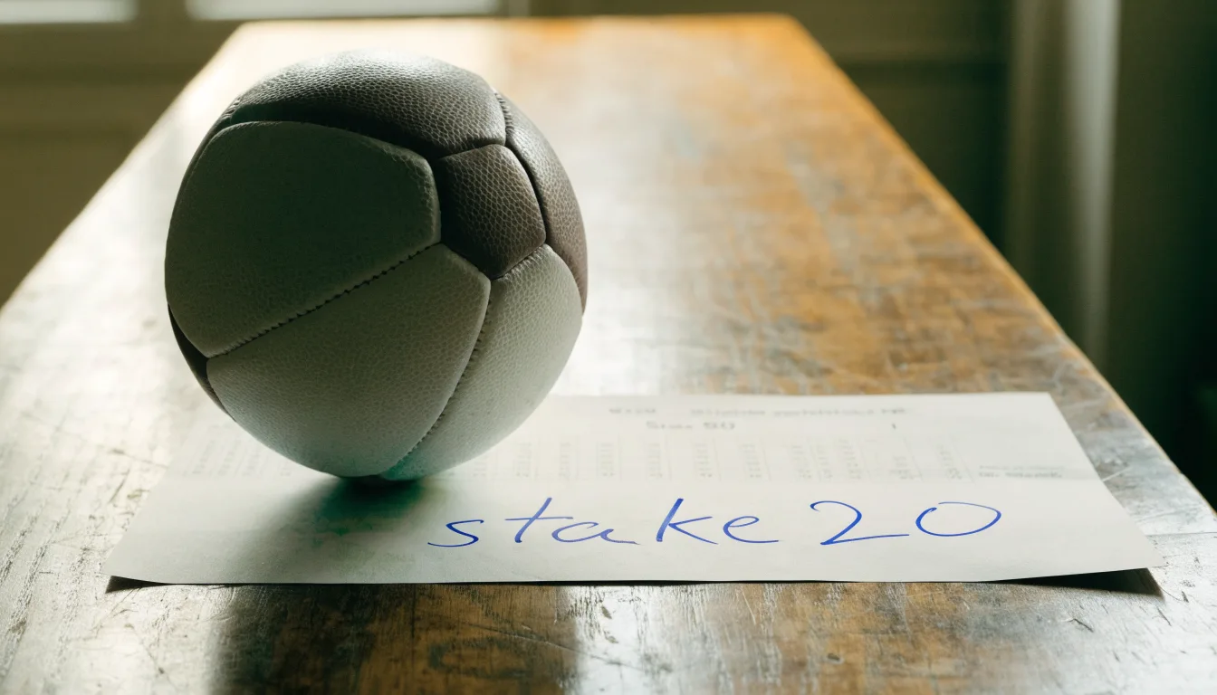 Uma bola de futebol pousada sobre um talão de apostas em branco numa mesa de madeira, à luz do dia