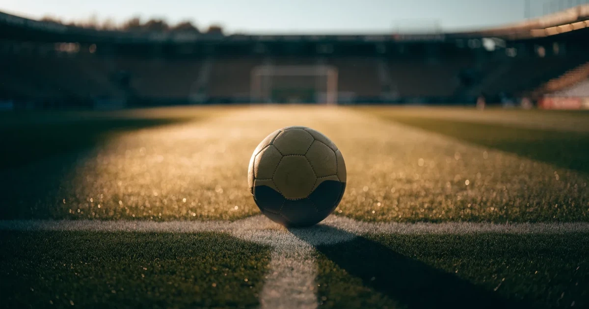 Uma bola de futebol no ponto central de um relvado, à luz da manhã