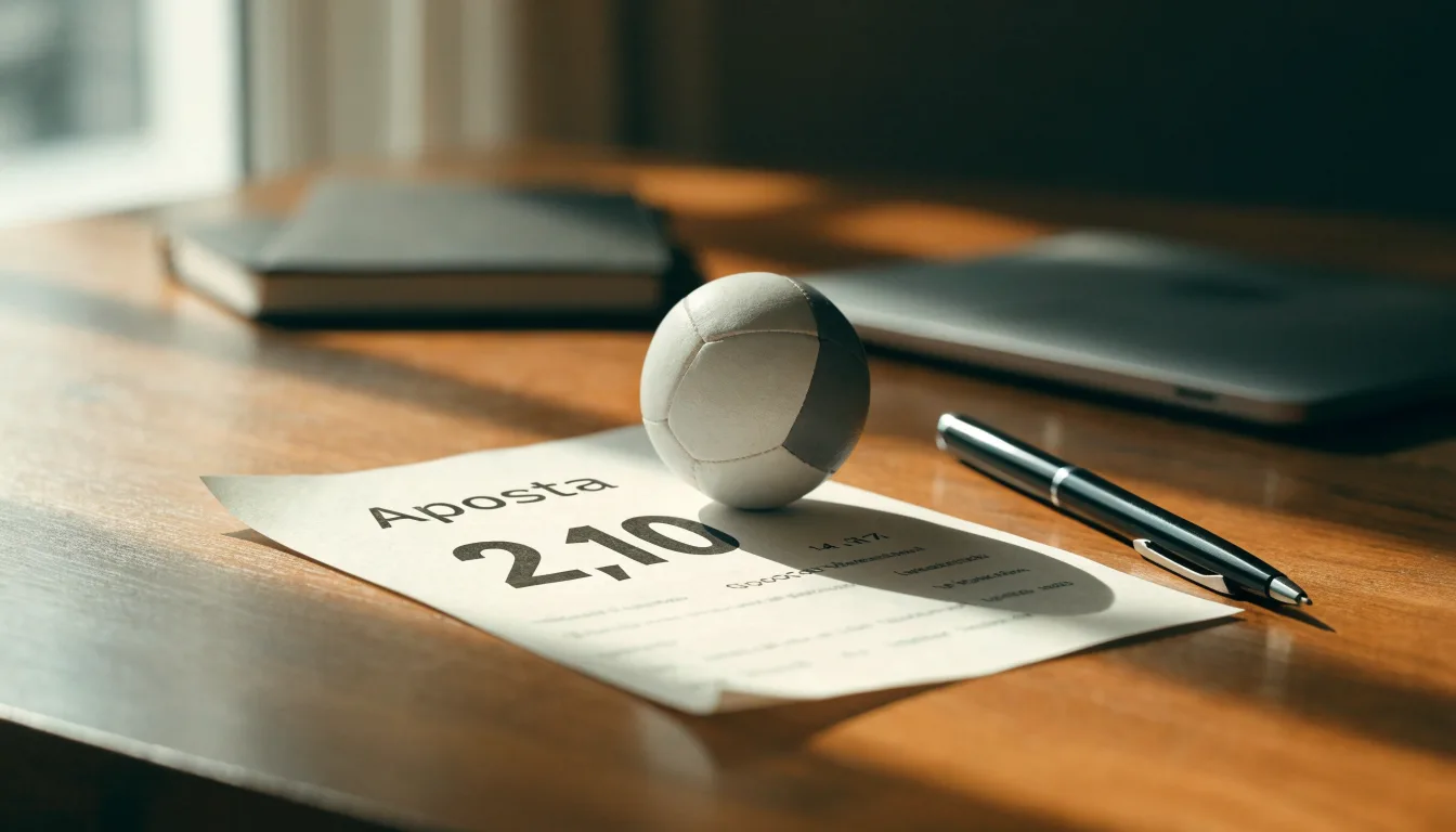 Uma bola de futebol pousada sobre um talão de apostas em branco numa mesa de madeira, à luz do dia