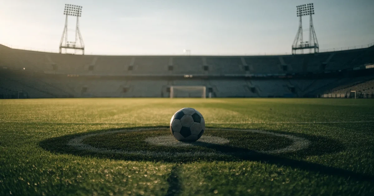 Uma bola de futebol no ponto central de um relvado, à luz da manhã