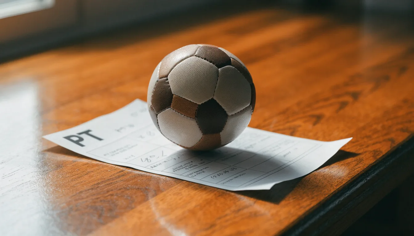 Uma bola de futebol pousada sobre um talão de apostas em branco numa mesa de madeira, à luz do dia