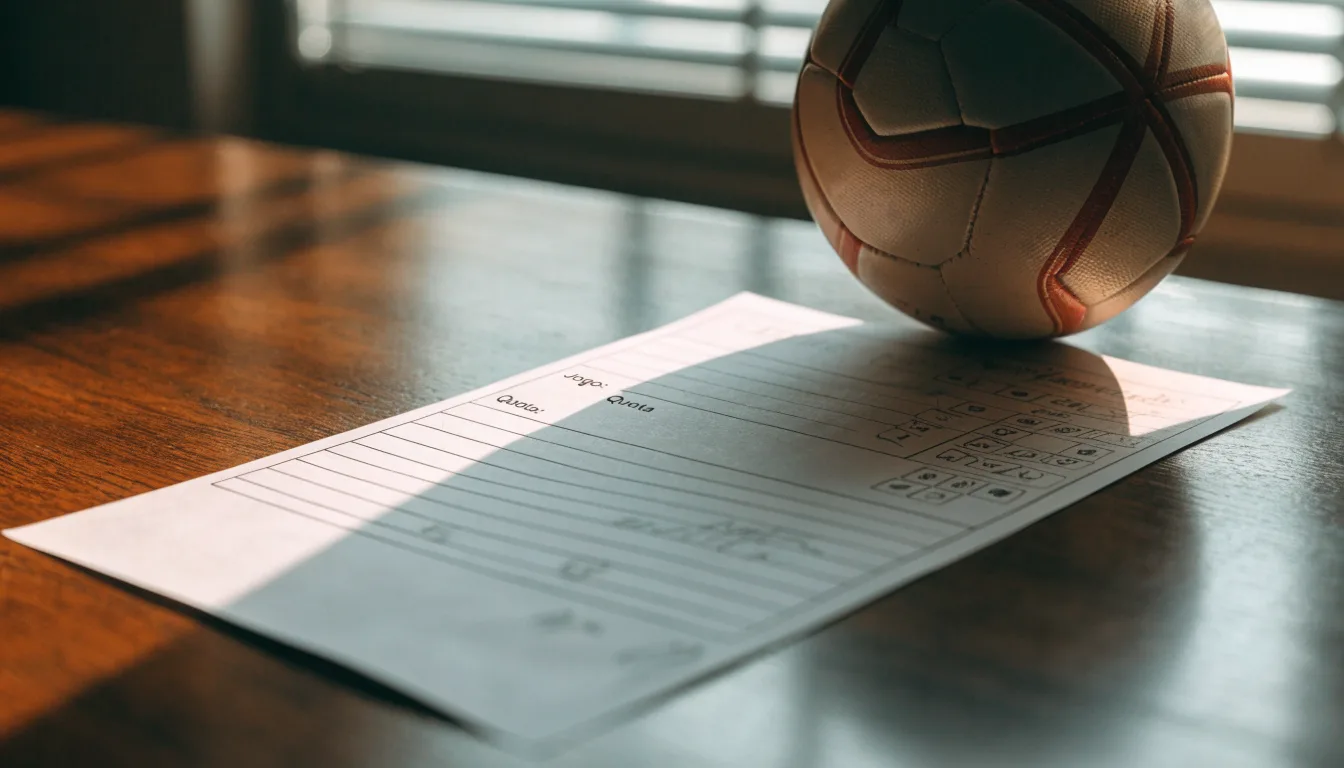 Uma bola de futebol pousada sobre um talão de apostas em branco numa mesa de madeira, à luz do dia