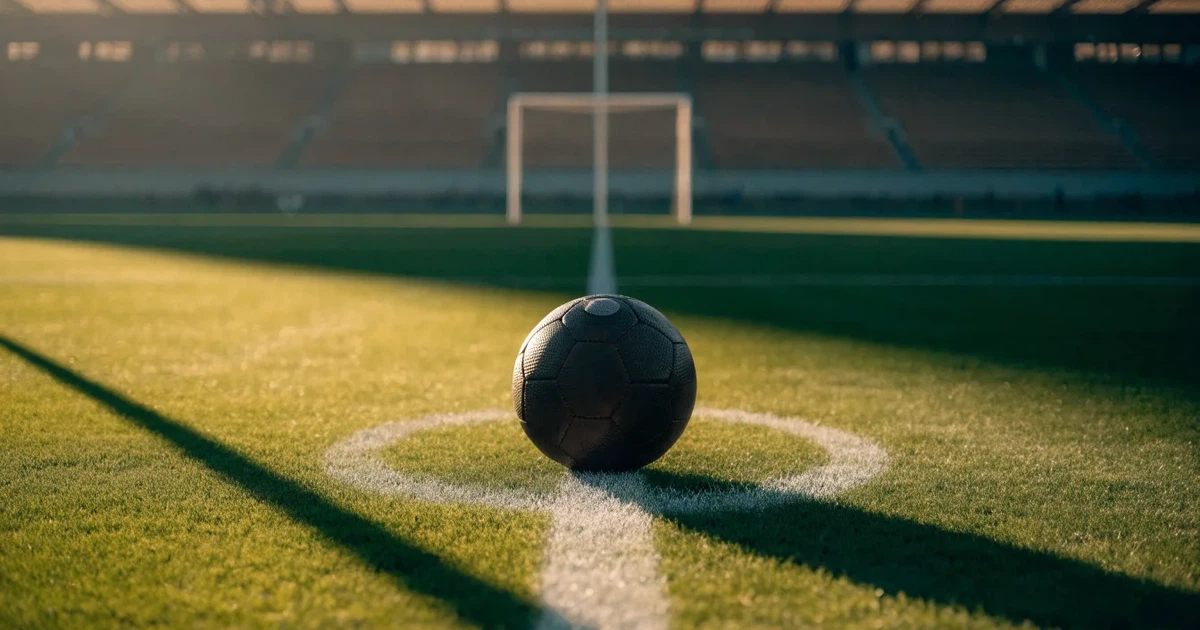 Uma bola de futebol no ponto central de um relvado, à luz da manhã