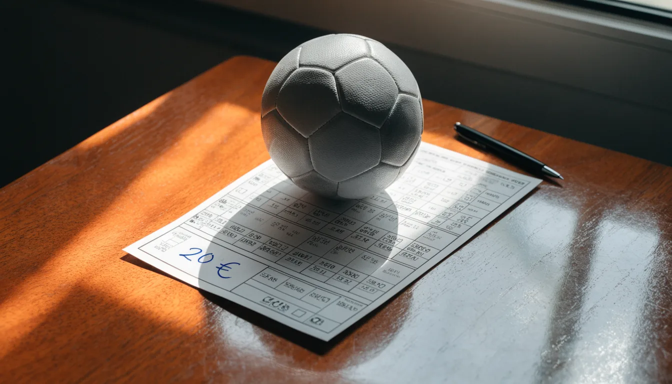 Uma bola de futebol pousada sobre um talão de apostas em branco numa mesa de madeira, à luz do dia