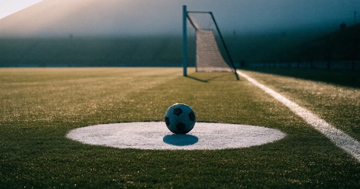 Uma bola de futebol no ponto central de um relvado, à luz da manhã
