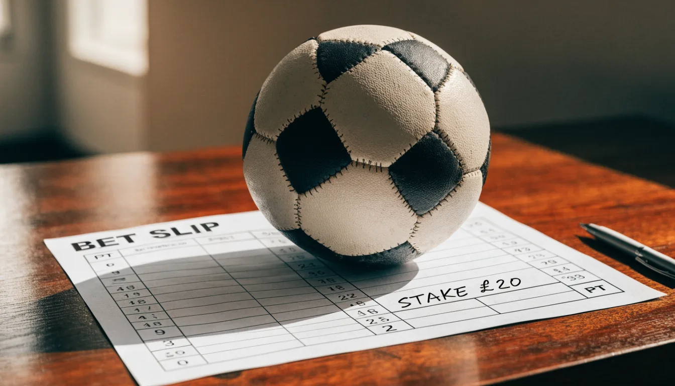 Uma bola de futebol pousada sobre um talão de apostas em branco numa mesa de madeira, à luz do dia