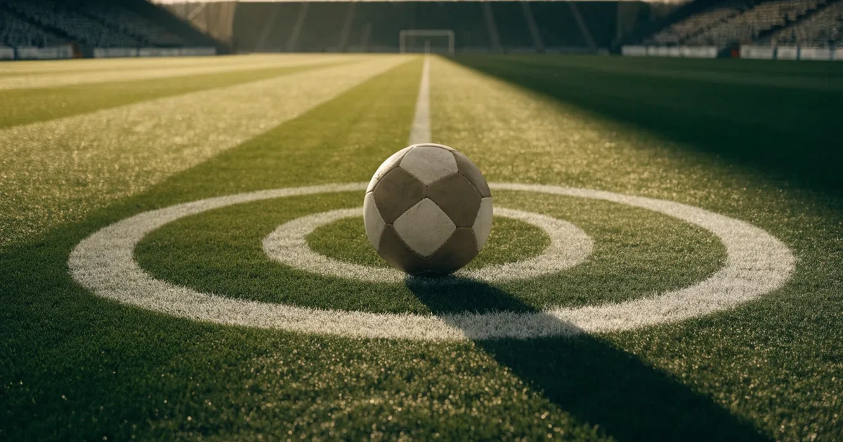 Uma bola de futebol no ponto central de um relvado, à luz da manhã