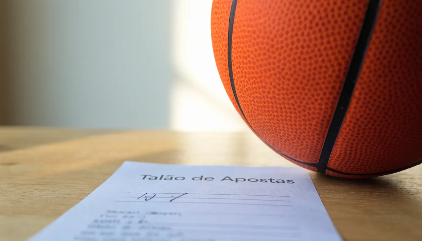 Uma bola de futebol pousada sobre um talão de apostas em branco numa mesa de madeira, à luz do dia