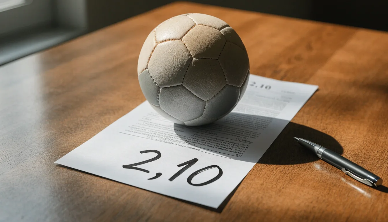 Uma bola de futebol pousada sobre um talão de apostas em branco numa mesa de madeira, à luz do dia