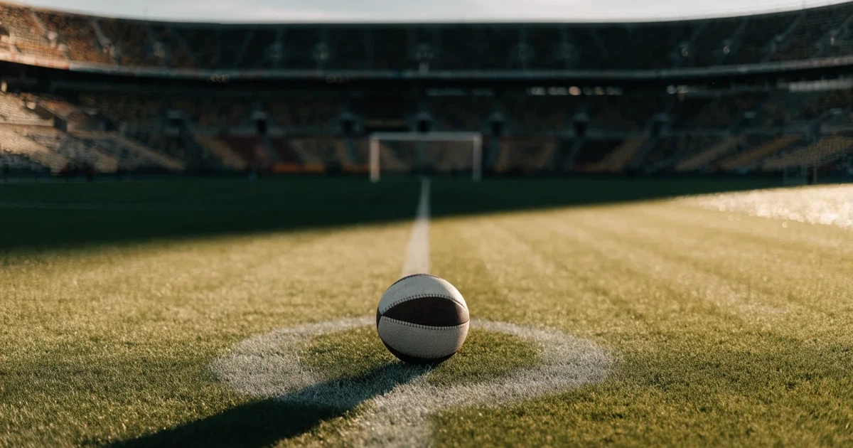 Uma bola de futebol no ponto central de um relvado, à luz da manhã