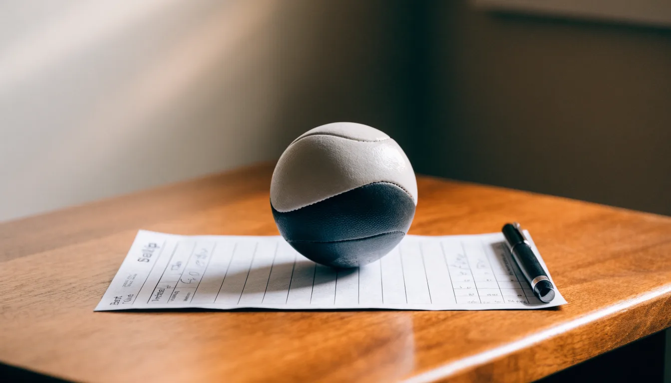 Uma bola de futebol pousada sobre um talão de apostas em branco numa mesa de madeira, à luz do dia