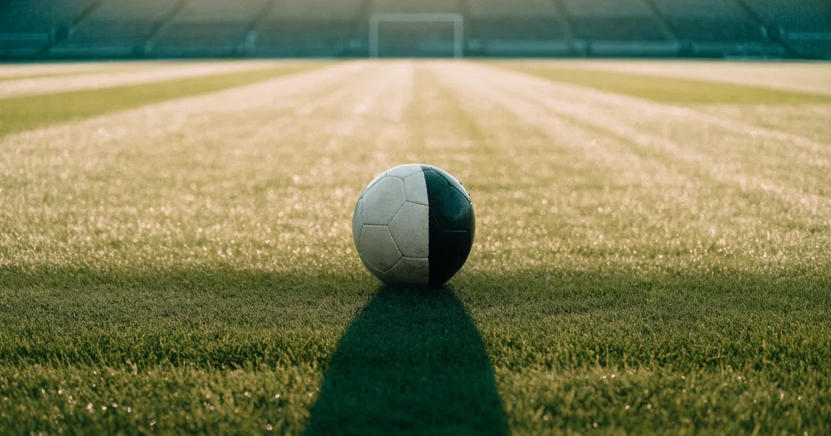 Uma bola de futebol no ponto central de um relvado, à luz da manhã