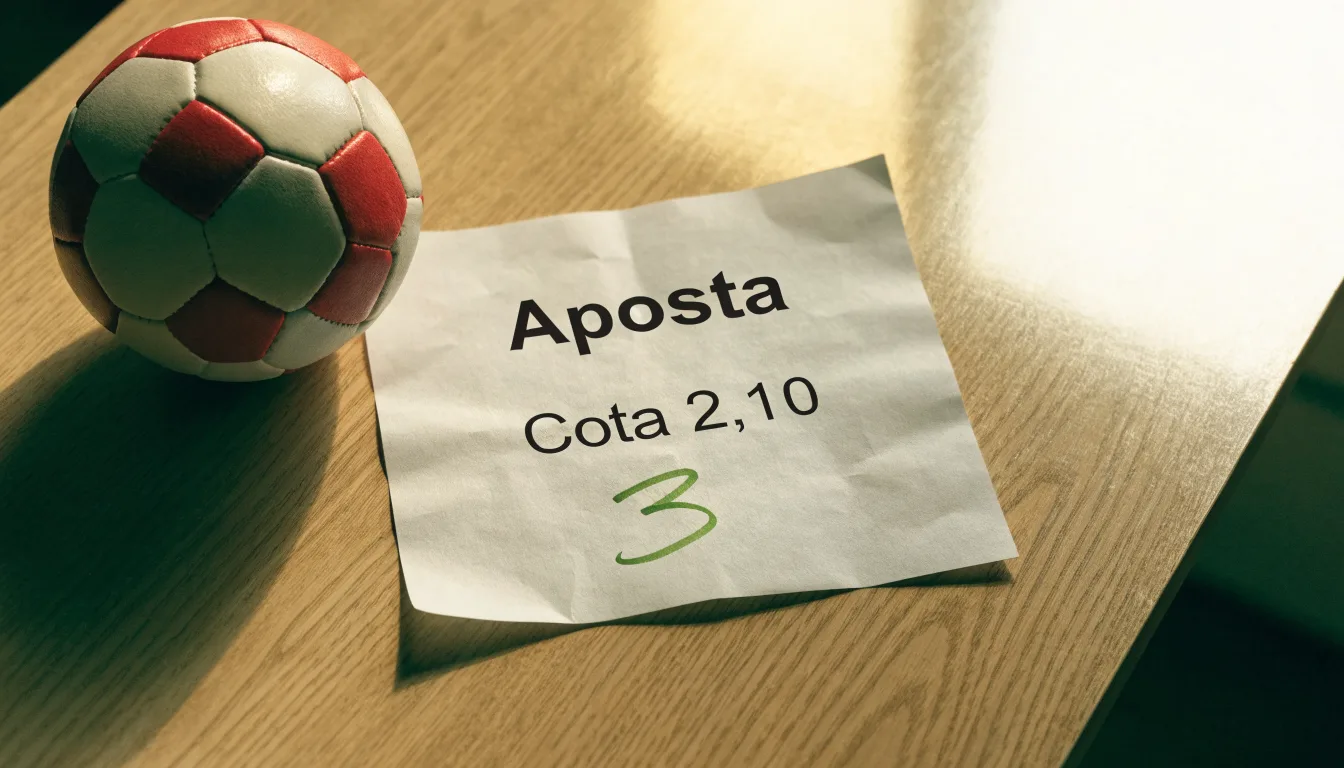 Uma bola de futebol pousada sobre um talão de apostas em branco numa mesa de madeira, à luz do dia