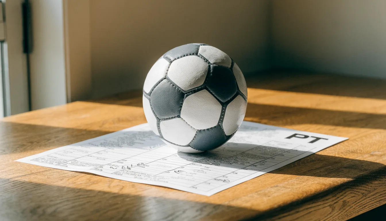 Uma bola de futebol pousada sobre um talão de apostas em branco numa mesa de madeira, à luz do dia