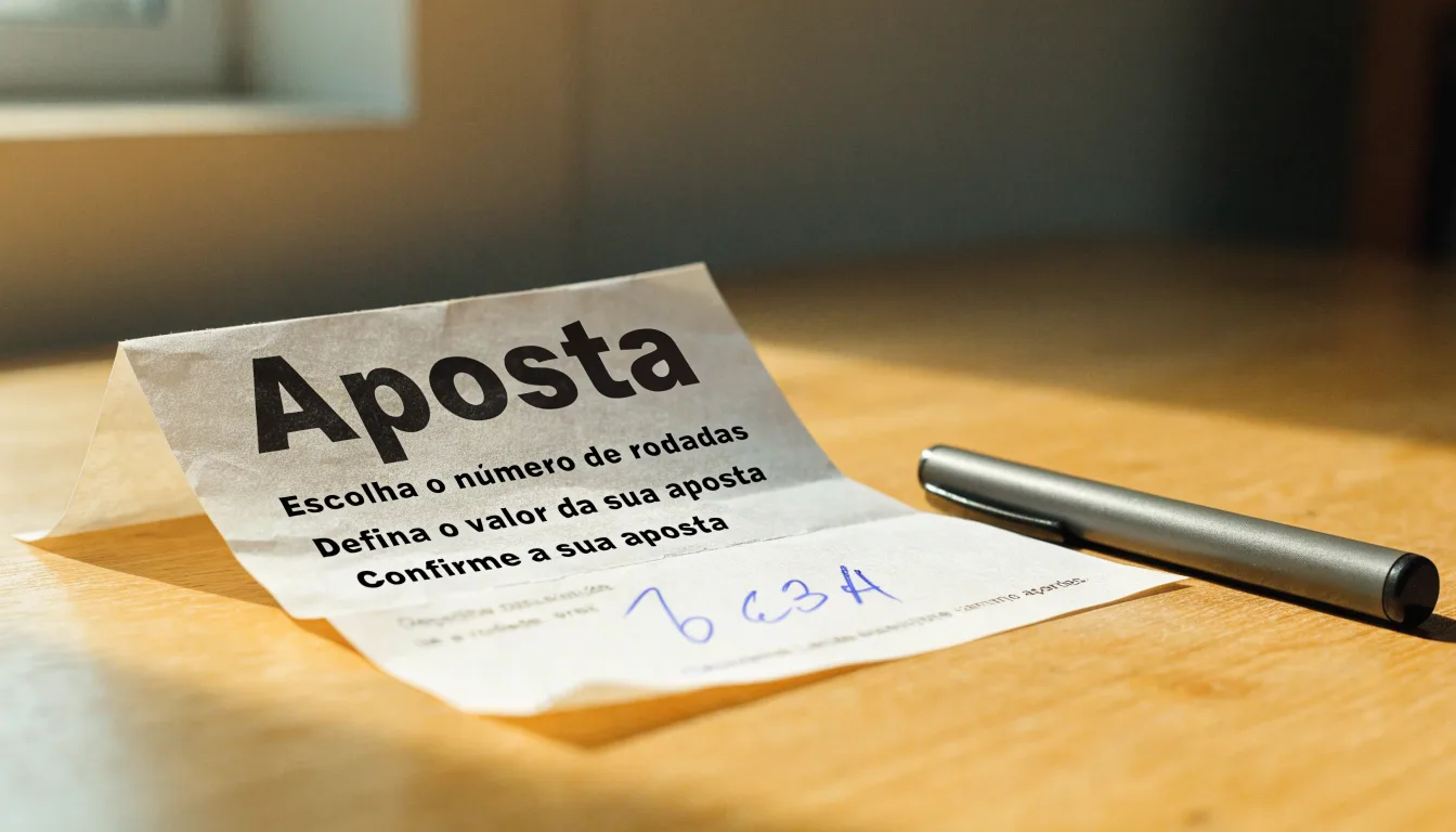 Uma bola de futebol pousada sobre um talão de apostas em branco numa mesa de madeira, à luz do dia