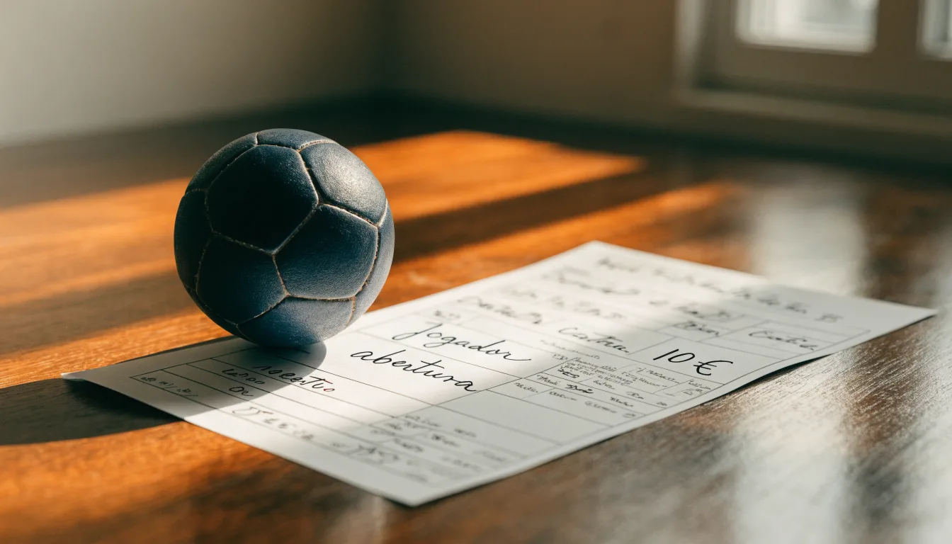 Uma bola de futebol pousada sobre um talão de apostas em branco numa mesa de madeira, à luz do dia
