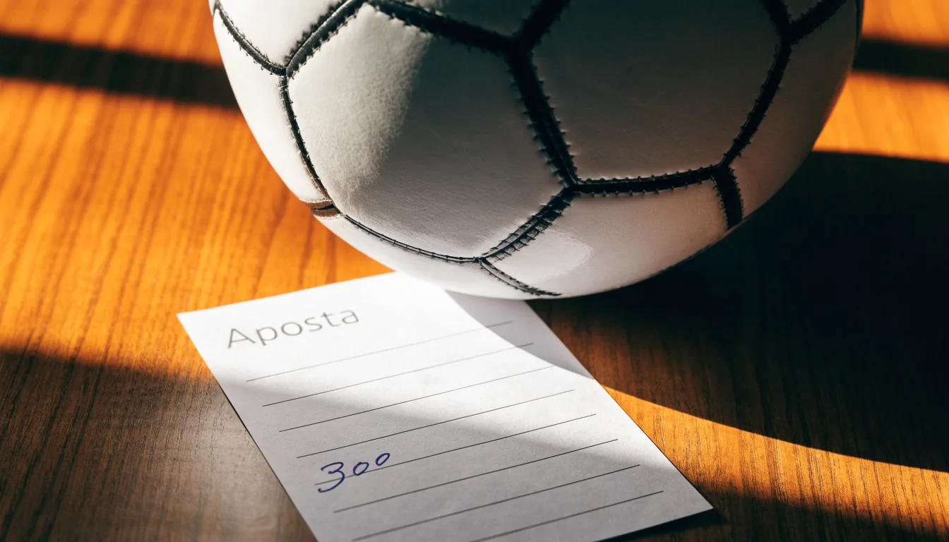 Uma bola de futebol pousada sobre um talão de apostas em branco numa mesa de madeira, à luz do dia