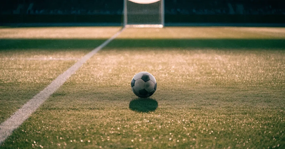 Uma bola de futebol no ponto central de um relvado, à luz da manhã