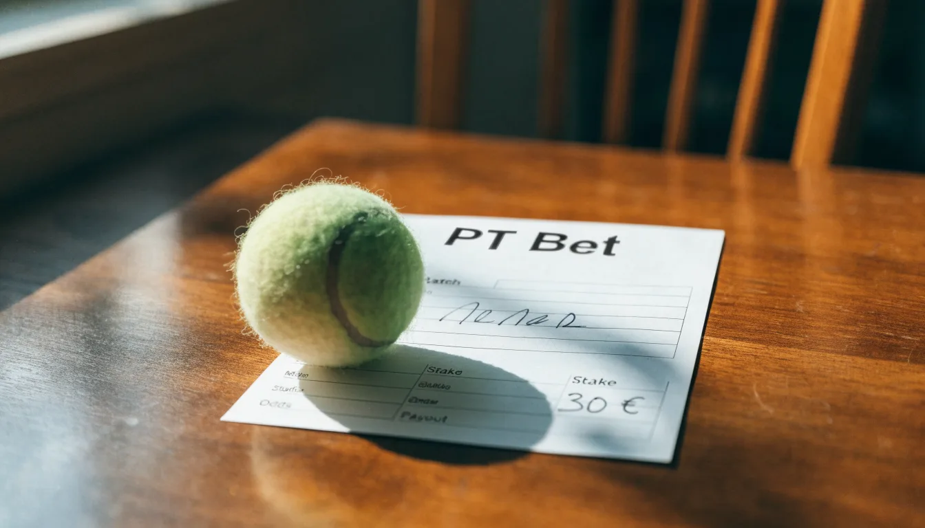 Uma bola de futebol pousada sobre um talão de apostas em branco numa mesa de madeira, à luz do dia