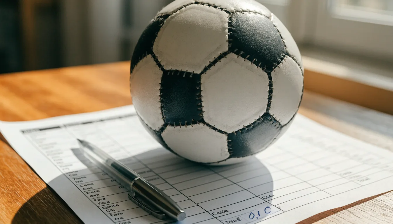Uma bola de futebol pousada sobre um talão de apostas em branco numa mesa de madeira, à luz do dia