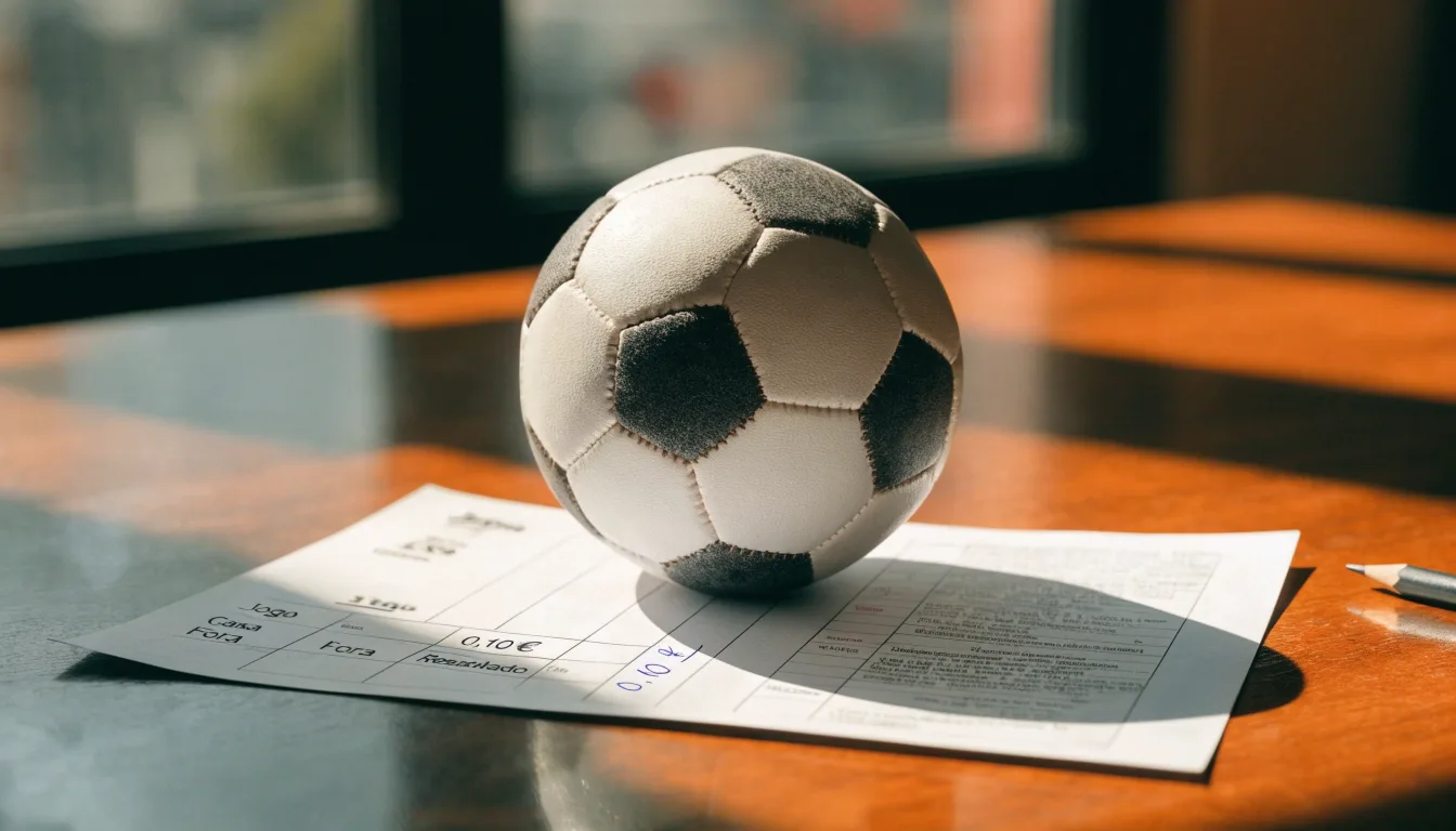 Uma bola de futebol pousada sobre um talão de apostas em branco numa mesa de madeira, à luz do dia