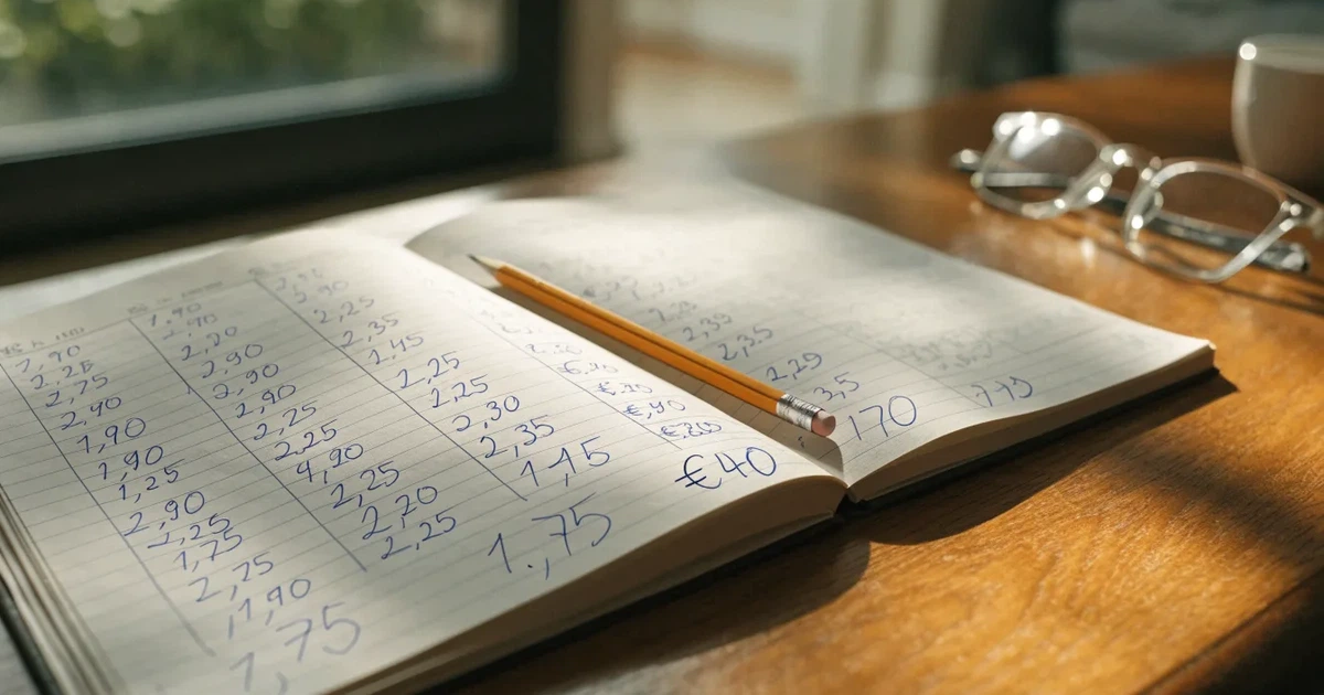 Um caderno aberto com cotas escritas à mão, uma calculadora e um lápis sobre uma mesa de madeira