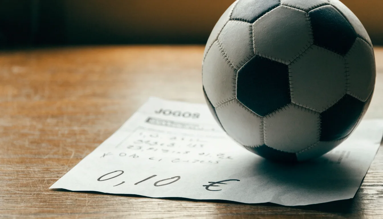 Uma bola de futebol pousada sobre um talão de apostas em branco numa mesa de madeira, à luz do dia