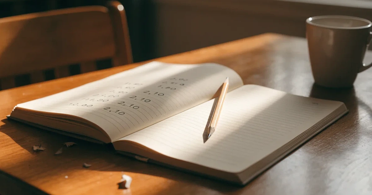 Um caderno aberto com cotas escritas à mão, uma calculadora e um lápis sobre uma mesa de madeira