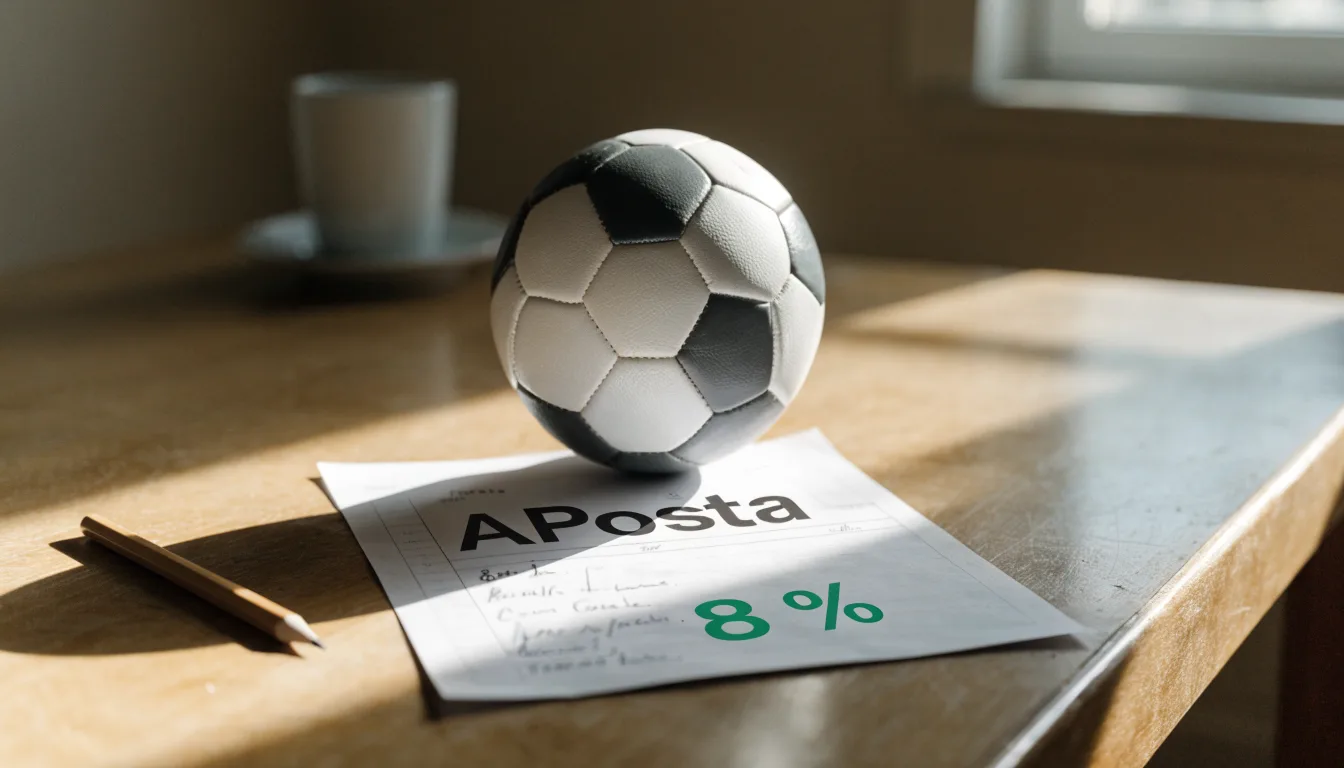 Uma bola de futebol pousada sobre um talão de apostas em branco numa mesa de madeira, à luz do dia
